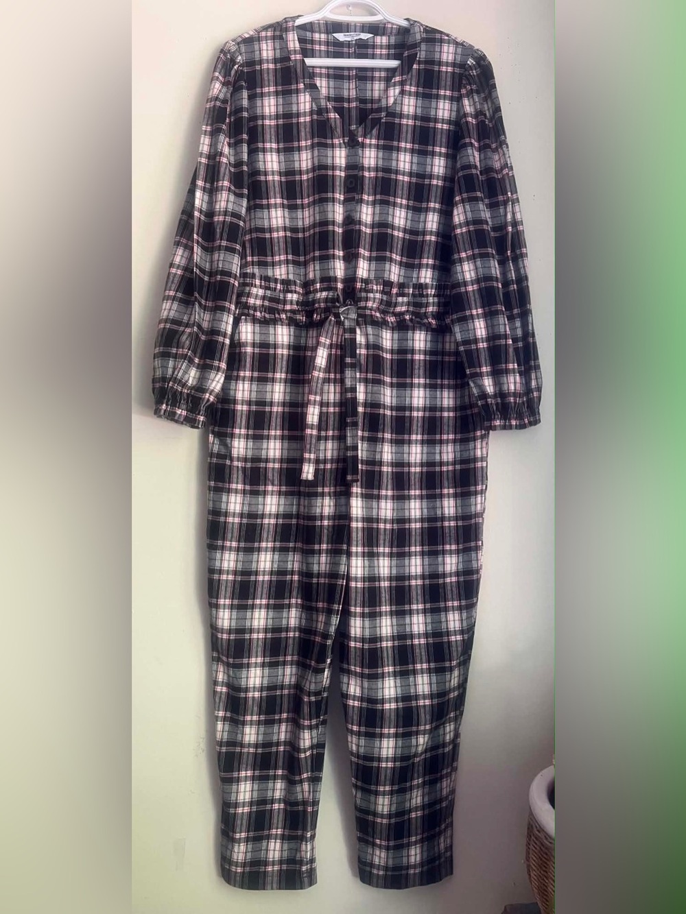 Smash + Tess Black, White & Pink Plaid Drawstring Waist Jumpsuit